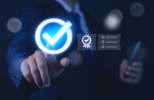 istock Pointing hand symbol for leading service quality assurance, certification, quality control, assurance standard, business technology concept. 1535988658