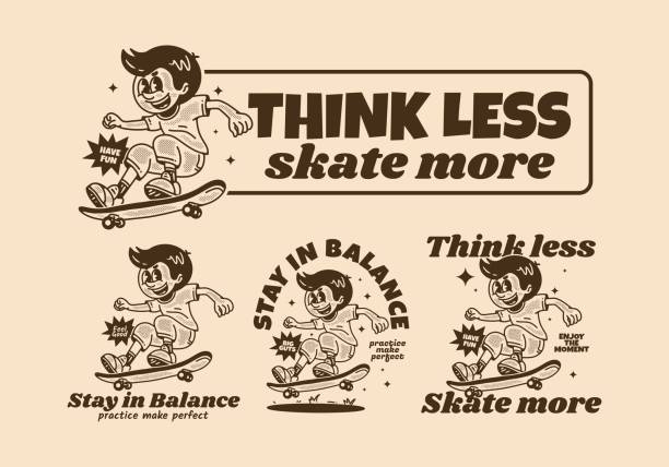 スケートボードでジャンプする男のマスコットキャラクターデザイン - skateboard park skateboarding practicing stunt点のイラスト素材／クリップアート素材／マンガ素材／アイコン素材
