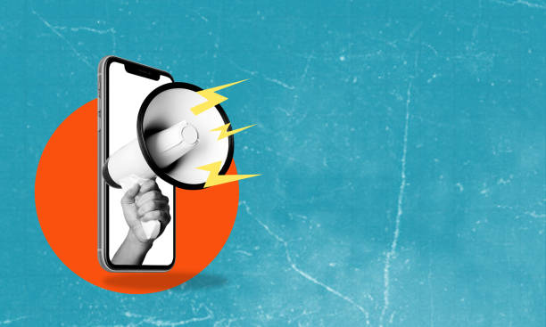 Contemporary art collage. Modern design. Hand with megaphone sticking out on phone screen with space for advertisement.