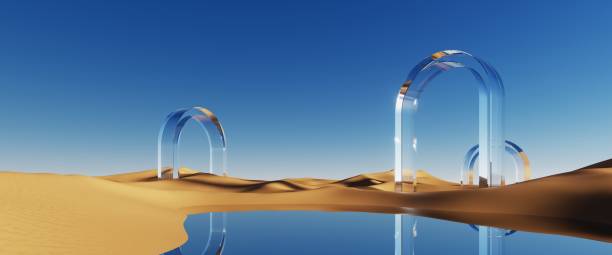 istock 3d render. Abstract minimalist aesthetic background. Panoramic desert landscape with sand dunes, clear blue sky, water mirror reflection and geometric glass arches. Fantastic surreal wallpaper 1536033247