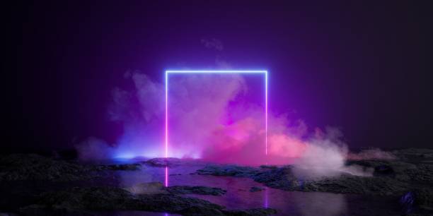 istock 3d render, abstract fantastic neon background, glowing square linear frame, illuminated smoke and mysterious terrain. Fantasy landscape 1536034176