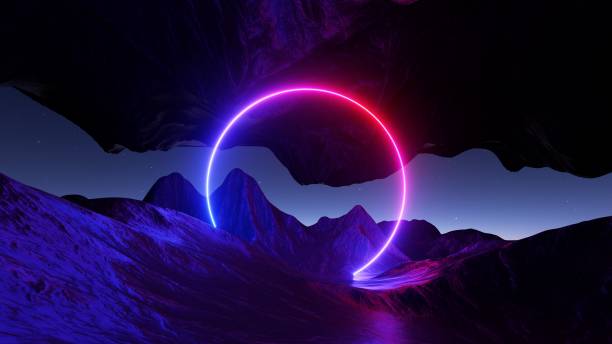 istock 3d render. Abstract background with round geometric shape. Fantastic landscape with glowing neon ring and mountains 1536035820