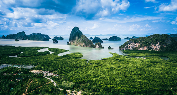 Aerial view of Phang Nga bay ( with mangrove tree forest and hills in the Andaman sea, Ecosystem and healthy environment concepts and background, Thailand. Panorama landscape of Samet Nangshe (Samed Nang Chee) viewpoint.