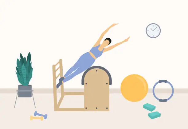 Vector illustration of Woman Doing Pilates Exercise On Pilates Ladder Barrel. Pilates Studio Interior With Ladder Barrel, Fitness Ball, Dumbbells And Potted Plant. Sports And Fitness Workout