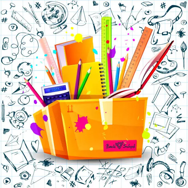 Vector illustration of School education concept in cartoon style. Back to school. A set of art and stationery in a cardboard box on a white background with freehand drawings.