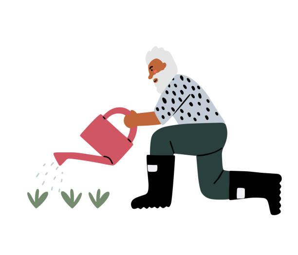 Senior with watering can Hand drawn senior with watering can, taking care of the plants, isolated vector illustration in flat doodle style old water well drawing stock illustrations