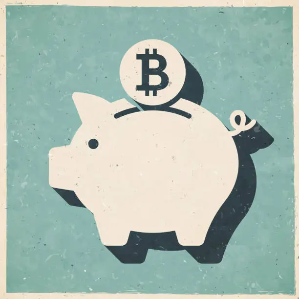 Vector illustration of Piggy bank with Bitcoin coin. Icon in retro vintage style - Old textured paper