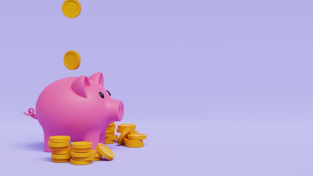 Money Piggy bank creative business concept. Pink pig keeps gold coins. Safe finance investment. Financial services. 4k 3d loop animation
