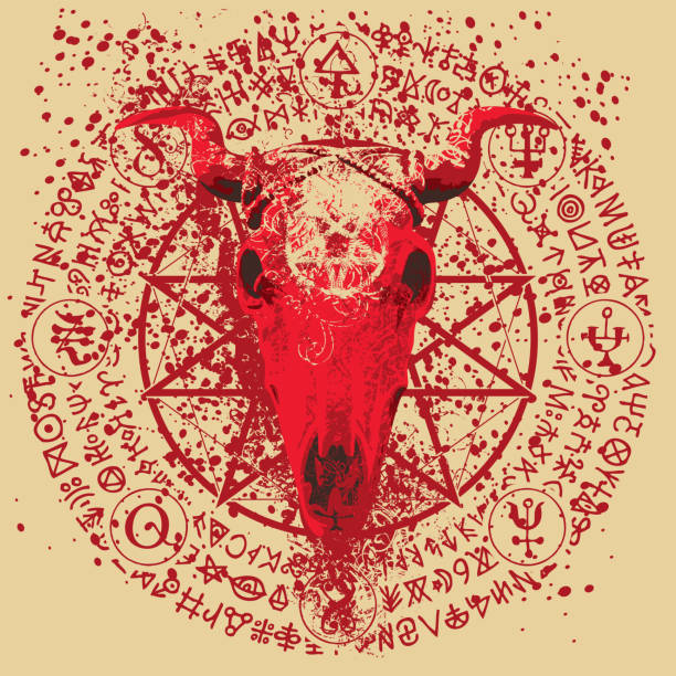 istock horned bull skull, pentagram, occult signs and blood stains 1536122664
