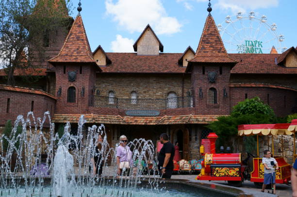 Kamensk-Shakhtinsky, Russia, July 2023. A fortress with a fountain in the park.