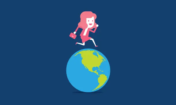 Vector illustration of Businesswoman running around the world, Leadership