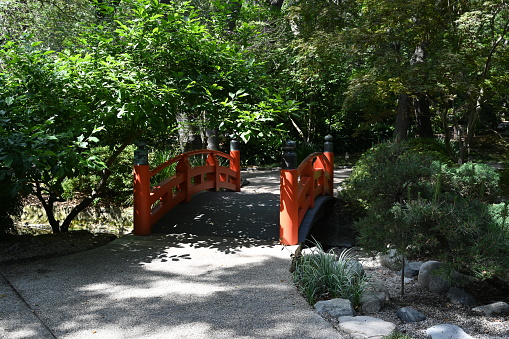 The red bridge at the entrance to the Sumiyoshi-taisha shrine in Osaka, Japan.