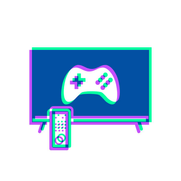 gra wideo w telewizji. ikona z dwukolorową nakładką na białym tle - joystick gamepad control three dimensional shape stock illustrations