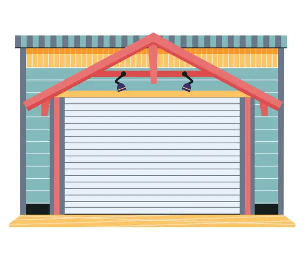Vector illustration of Garage door with mechanical or automatic control system. Roller gate in premises for storing vehicle