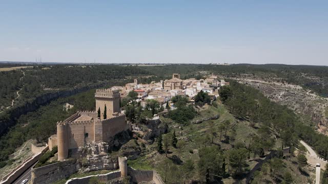 Aerial view of Alarcon along the Rio Jucar river in Cuenca, Spain.