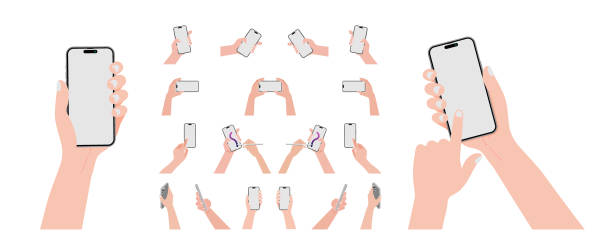 한 손이 스마트폰을 가로와 세로로 잡고 빈 화면이 표시됩니다. 셀 폰은 빈 백색 스크린 디스플레이, 벡터를 터치하기 위해 손가락을 사용하여 동작되고 있다. - iphone gestures stock illustrations