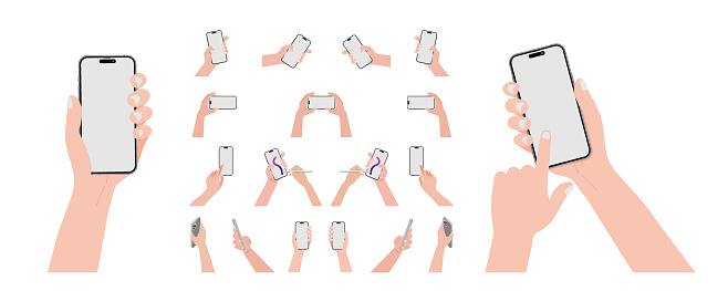 A hand is holding a smart phone both horizontally and vertically, with a blank screen displayed. The cell phone is being operated using a finger to touch the blank white screen display, Vector.