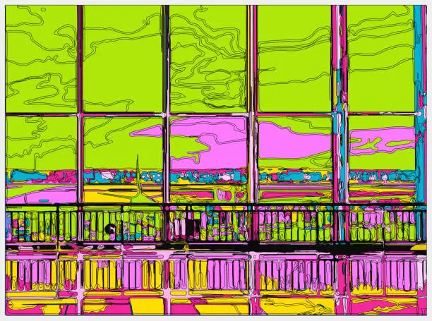 Vector illustration of abstract neon colors cartoon windows of airport scene background