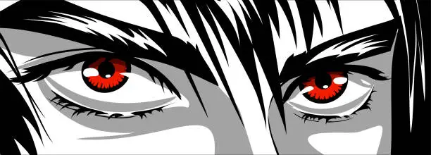 Vector illustration of Red eyes, angry look of a man in manga and anime style.