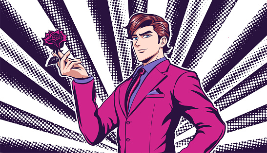 A romantic man in a pink business suit gives a rose in the style of manga and anime. The young man beams with confidence. Vector illustration on halfton background.