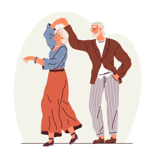 Vector illustration of Old couple dance. Vector illustration. Funny elderly couple dancing