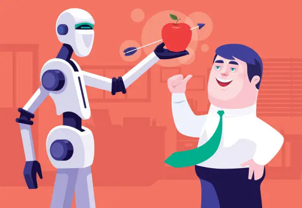 Vector illustration of businessman cheering while robot holding apple with arrow