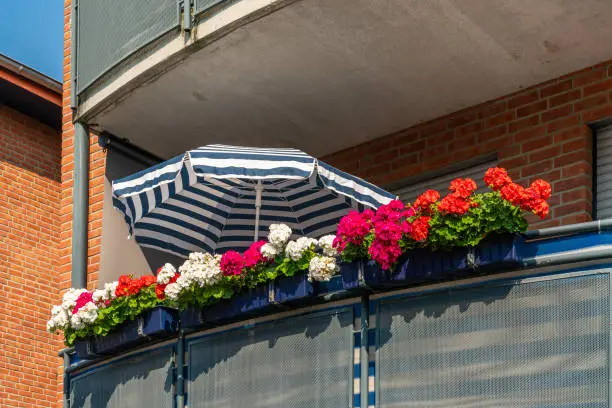 View of the balcony of an apartment building with geranium flowers and a solar umbrella in sunny summer day.