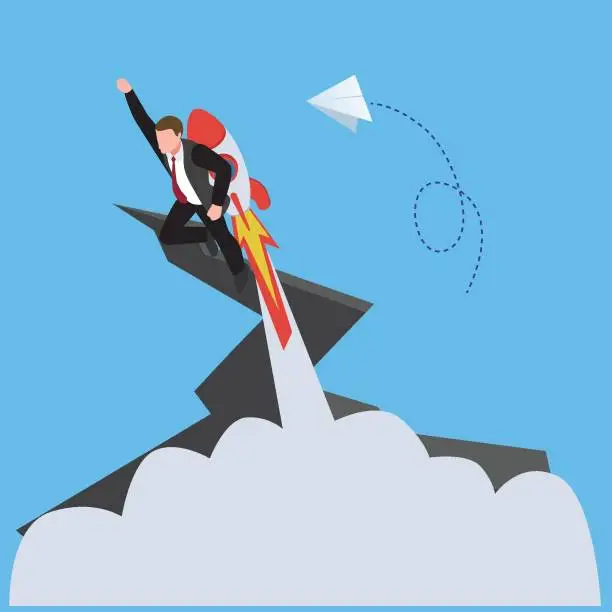 Vector illustration of successful businessman fly with jetpack over the abyss overcome obstacles