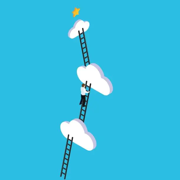 Vector illustration of Successful businessmen climbing the corporate ladder to reach star