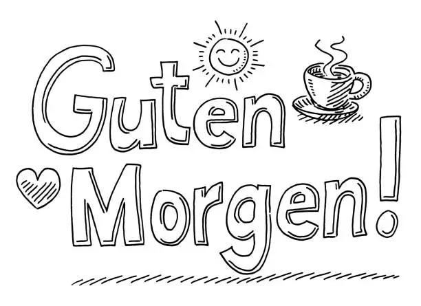 Vector illustration of Guten Morgen German Text Sun Coffee Heart Drawing