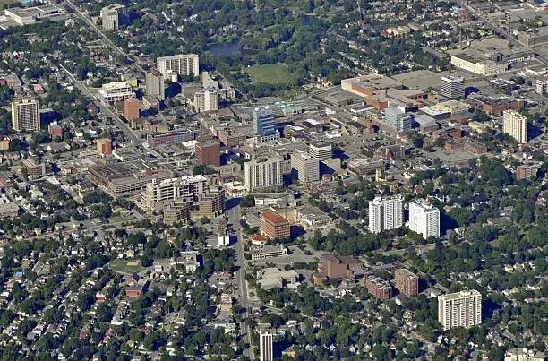 aerial view of downtown Kitchener-Waterloo near Victoria Park, Ontario Canada; Summer