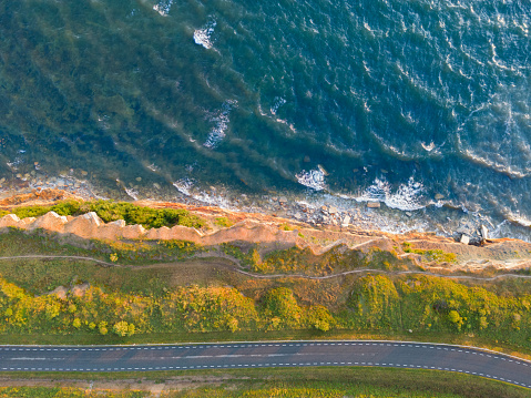 Seashore, cliff and road along the sea on the Paldiski peninsula on a summer day, aerial view. High quality photo
