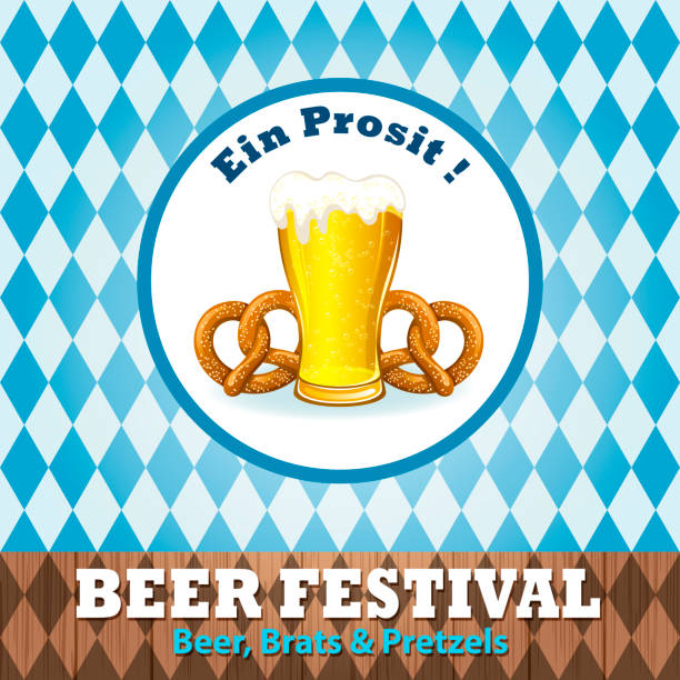Beer Festival Craft Beer Celebration Beer Festival craft beer celebration with beer and pretzels on the blue checked pattern background of a cheers beer mugs stock illustrations