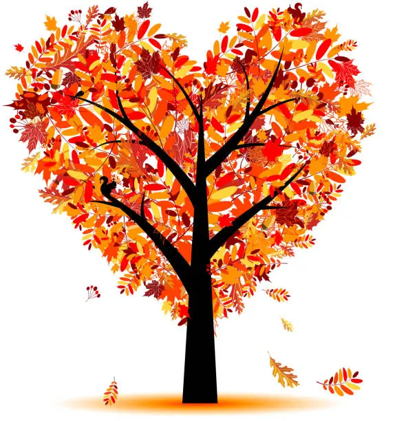 Vector illustration of Beautiful autumn tree, heart shape from leaf