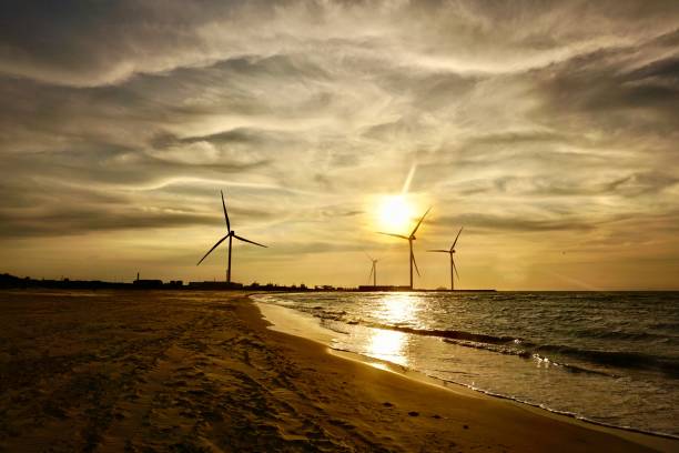 A very beautiful golden sunset in Denmark. Danish beach at sunset. Extraordinary clouds on the beach at sunset.