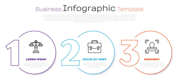 illustrations, cliparts, dessins animés et icônes de définir la ligne échelles de justice, porte-documents et reconnaissance faciale. modèle d’infographie d’entreprise. vecteur - law book weight scale legal system