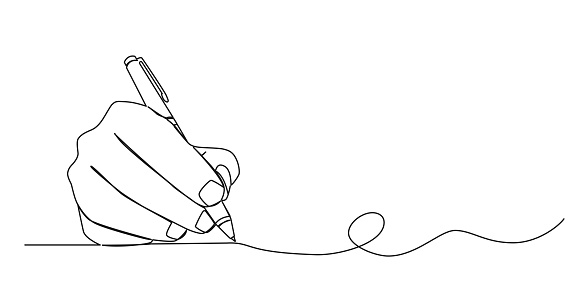 continuous single line drawing of hand writing with ballpoint pen, line art vector illustration