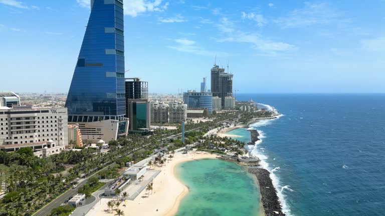 Jeddah: Aerial view of famous coastal city in v Saudi Arabia, skyline of The Headquarters Business Park, leisure area Roshn Waterfront, Red Sea - landscape panorama of Arabian Peninsula from above