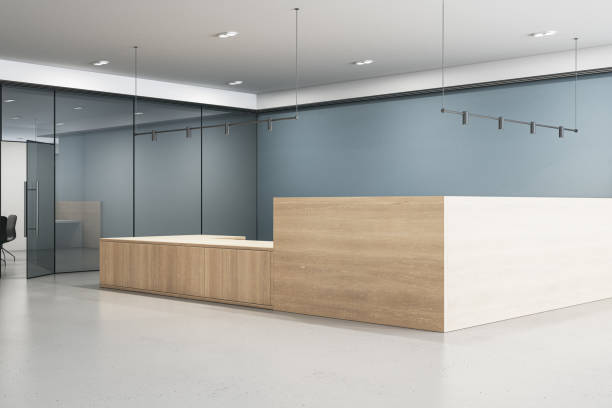 istock Clean concrete and wooden office lobby interior with various items. 3D Rendering. 1536338263