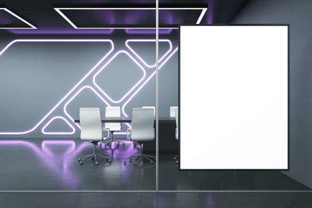 istock Blank white poster on modern futuristic conference room background, mockup. 3D Rendering 1536342567