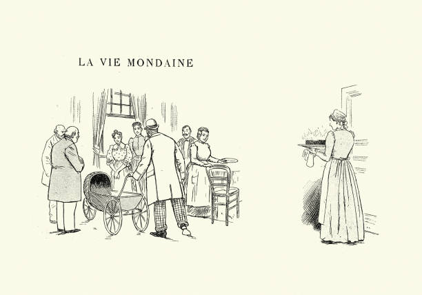 minh họa cổ điển của gia đình kỷ niệm sự xuất hiện của một em bé mới, la vie mondaine, pháp, những năm 1890, thế kỷ 19 - beginning of a new era hình minh họa sẵn có