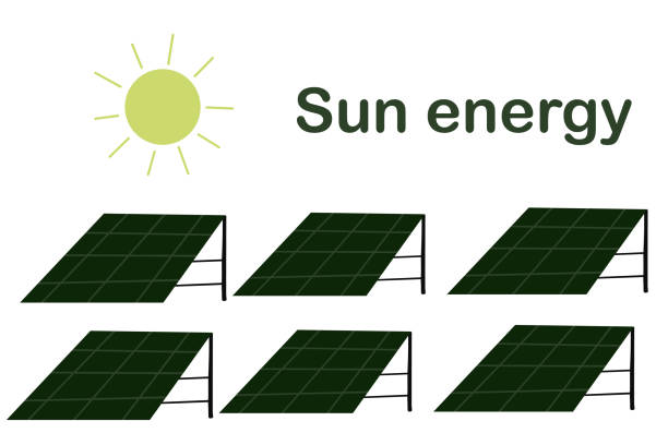 sonnenenergiepaneele handgezeichnete ikonen eingestellt - solar power station solar panel sun house stock-grafiken, -clipart, -cartoons und -symbole