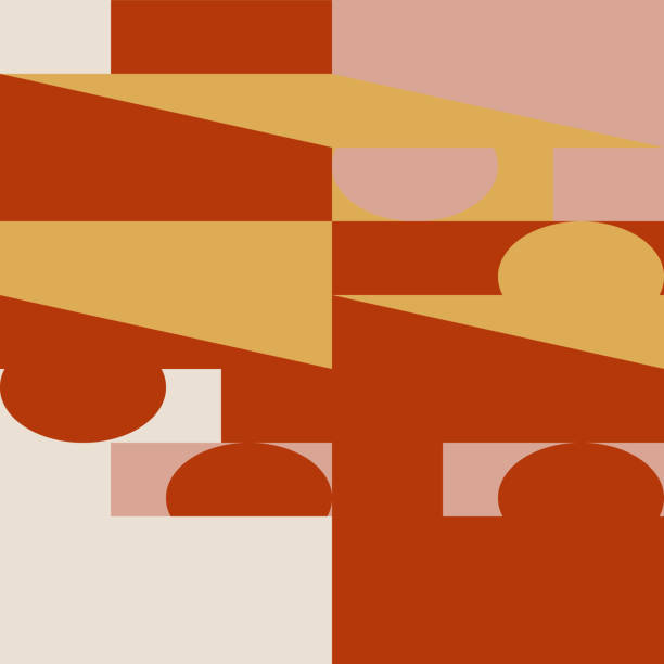 ilustraciones, imágenes clip art, dibujos animados e iconos de stock de patrón sin costuras vectorial geométrico abstracto. fondo moderno con formas simples. círculos, cuadrados, rectángulos, triángulos en colores amarillo pastel, terracota, rosa y blanco - simplicity rectangle circle shape
