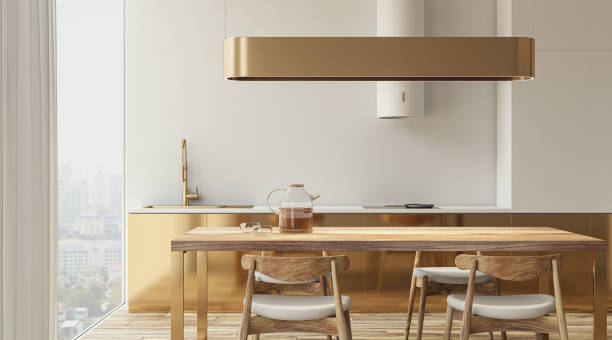 istock Golden and white kitchen interior with panoramic windows, curtains and furniture. 3D Rendering. 1536364435
