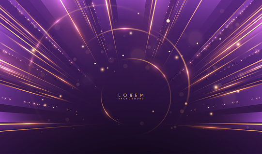 Violet and gold light lines background with sparks in vector