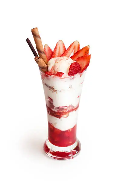 Delicious Strawberry Parfait served with ice cream, cookie, chocolate sticks and layers of ingredients.