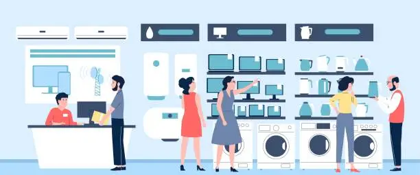 Vector illustration of Electronics store with counter and sellers. Electronic devices for home, kettles, wash machine and computers. Consumer choosing recent vector scene