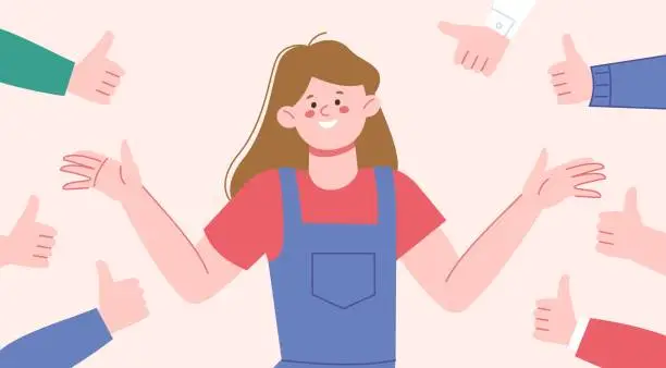 Vector illustration of Like and support, success girl thumb up sign team. Cartoon positive female character, business leader or student successful splendid vector scene