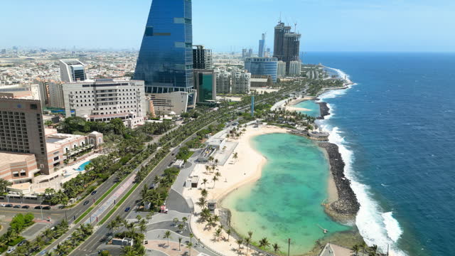 Jeddah: Aerial view of famous coastal city in v Saudi Arabia, skyline of The Headquarters Business Park, leisure area Roshn Waterfront, Red Sea - landscape panorama of Arabian Peninsula from above