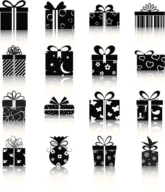 Set of 16 black and white vector icons of wrapped gifts 16 silhouettes of gift boxes. gift silhouettes stock illustrations